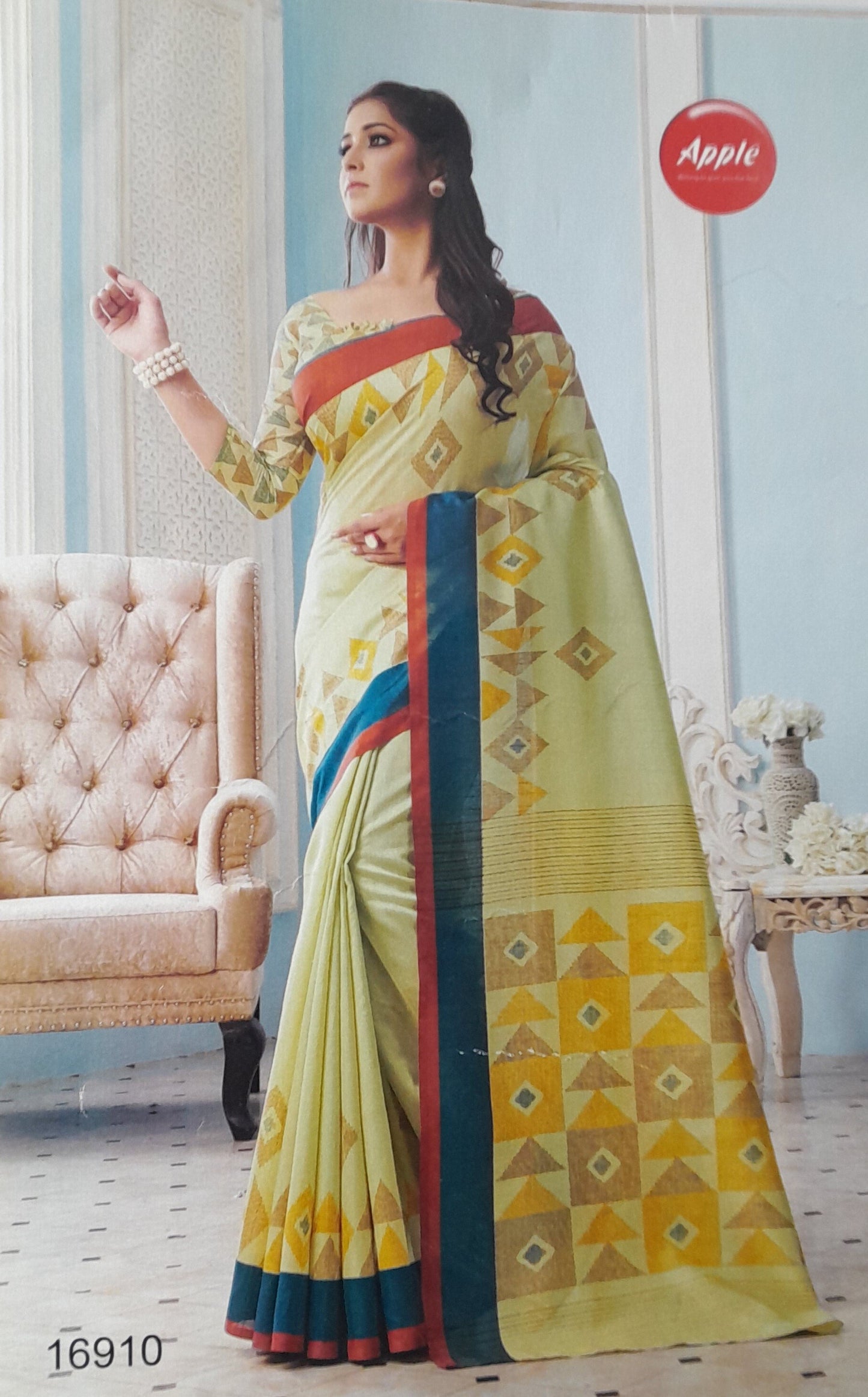 Classic Light Faun Saree With A Deep Brown & Bottle Green Border & Abstract Prints Around The Drape And Body , Stylish Self Blouse With Abstract Print - With Blouse - SonaMandir