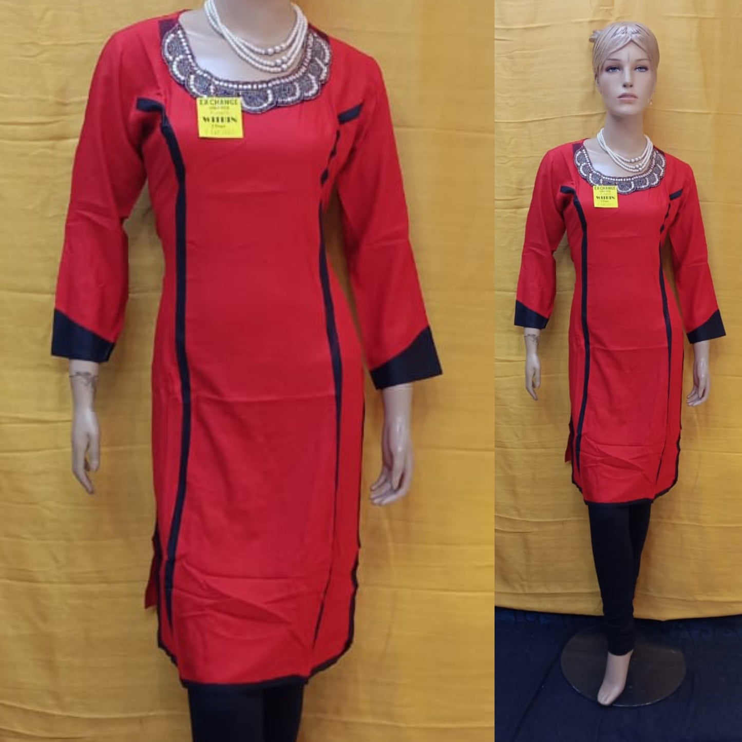 Women's Cherry Red Rayon Fabric Straight Fir Kurta With Ethnic Work ( Free Size) - SonaMandir