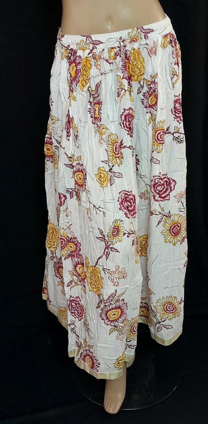 Feminine and Flattering White Base with Bold Floral Print Jaipur Cotton Skirt Perfect for Spring and Summer Fashion - Size (M-38)