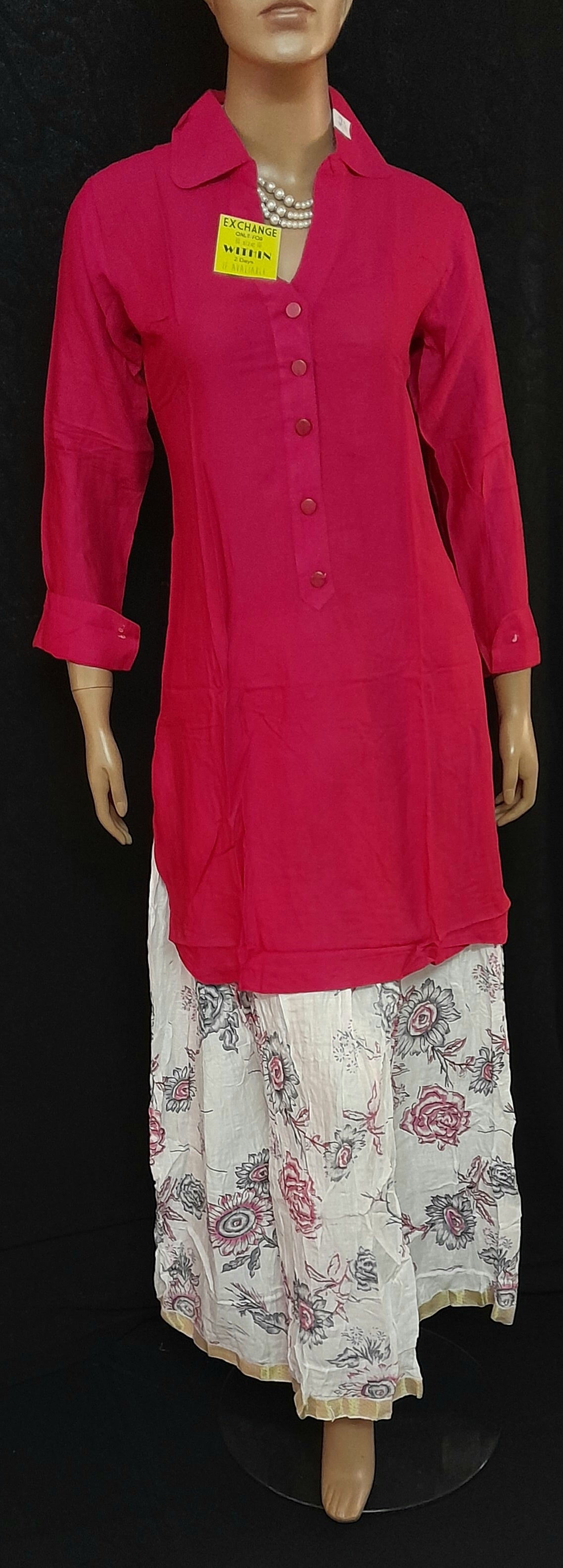 Floral Printed White Jaipuri Cotton Skirt and Magenta Rayon Kurta Set - Size (L,XL)